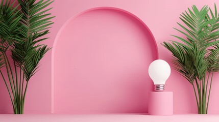 Pink Minimalist Background Lightbulb Idea Palm Plants Modern Arch
