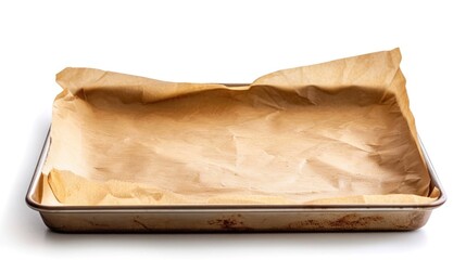Baking Tray With Brown Baking Paper Isolated On White Background