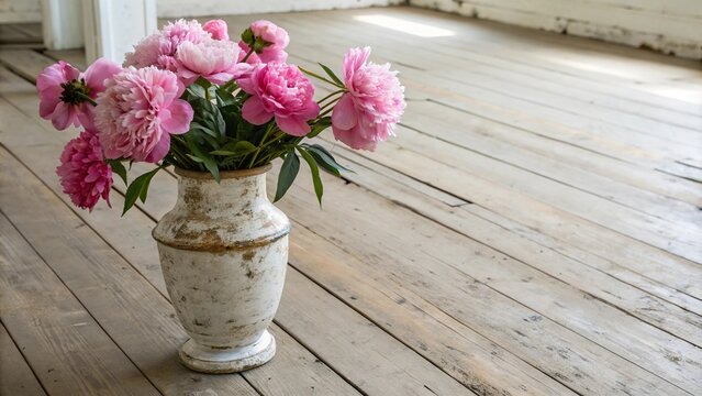 Pink peony flowers in a distressed white vase on a vintage wooden floor, vintage charm, rustic decor, distressed wood floor, natural beauty
