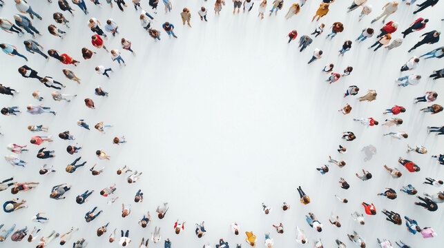 Global Community: A diverse crowd gathers in a circular formation, creating a powerful visual representation of unity, connection, and global collaboration.  