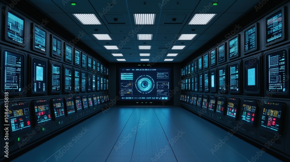 Aufkleber futuristic tech control room ai data screens interface