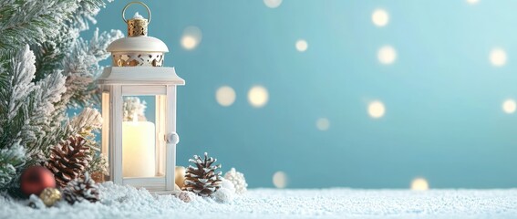 A Christmas lantern with a candle and pine cones resting on snow, set against a pastel blue background with ample copy space, bokeh lights, ideal for holiday banners, greeting cards