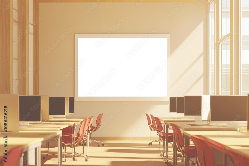 Poster Empty classroom with large whiteboard and computers, ready for learning.