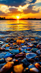 Obraz premium Plastic Pollution Microplastics Wildlife Concept. Sunset over water with colorful pebbles in the foreground reflecting vibrant hues.