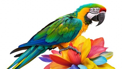 Fototapeta premium Colorful macaw parrot with bright green and yellow feathers perched on a colorful flower, isolated on transparent background ,