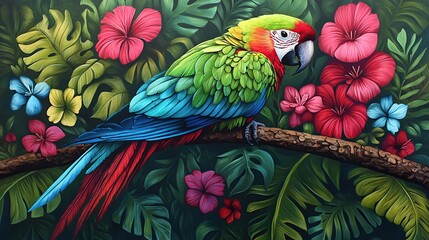 Obraz premium A vibrant parrot perched on a branch amidst colorful tropical flowers and foliage.