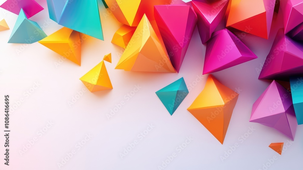 Poster colorful polygon shapes with soft shadows, overlapping on a white background for a clean and modern 