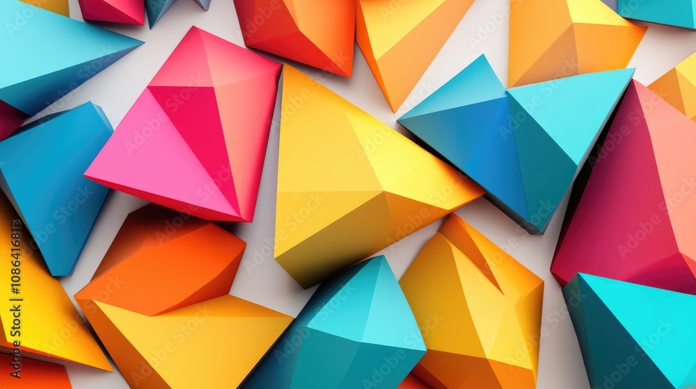 Poster colorful polygon shapes with soft shadows, overlapping on a white background for a clean and modern 