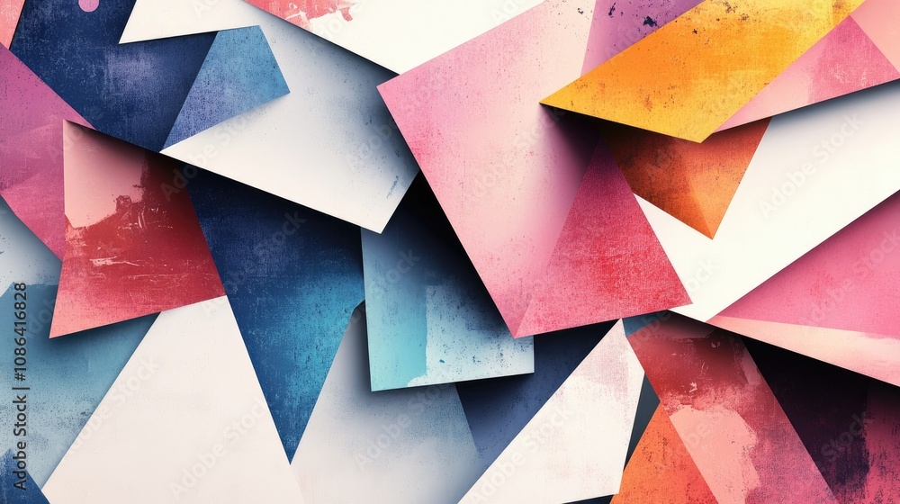 Poster colorful polygon shapes with soft shadows, overlapping on a white background for a clean and modern 