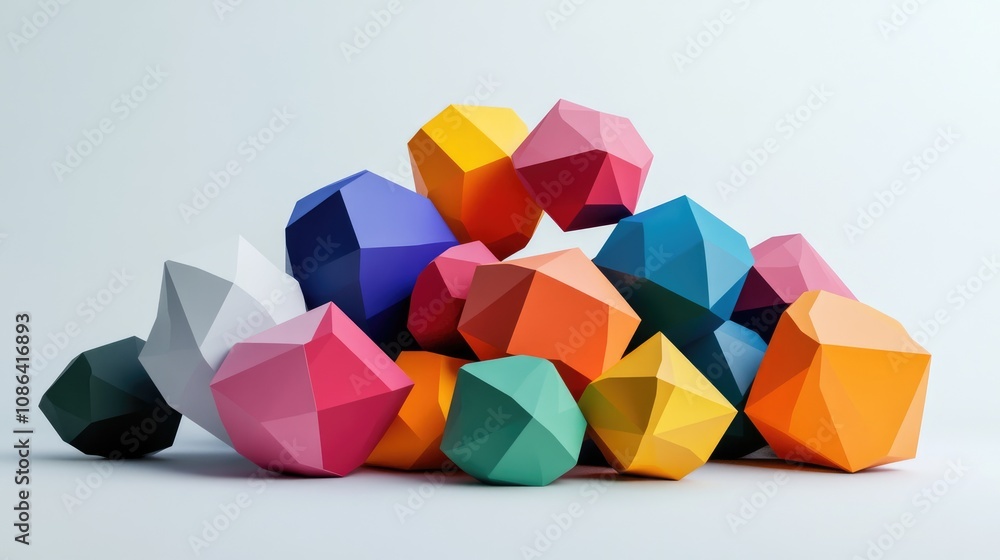 Aufkleber colorful polygon shapes with soft shadows, overlapping on a white background for a clean and modern 