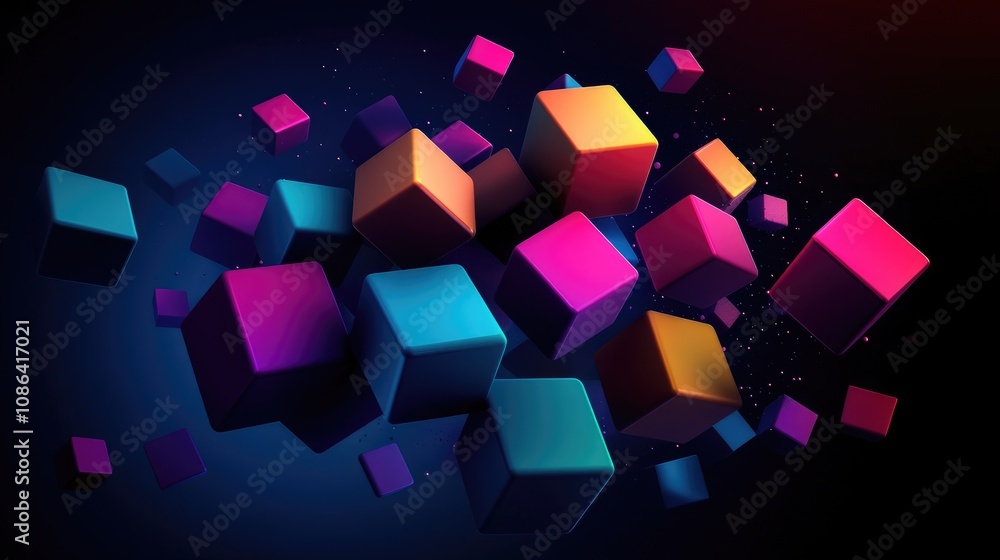 Poster 3d geometric cubes in gradient colors, floating on a dark background for a futuristic and dynamic lo