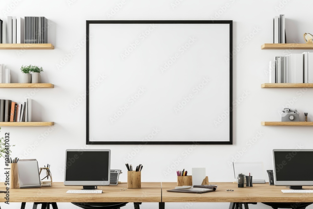 Poster a modern office space with two desks and a large blank frame on the wall. the desks are made of wood