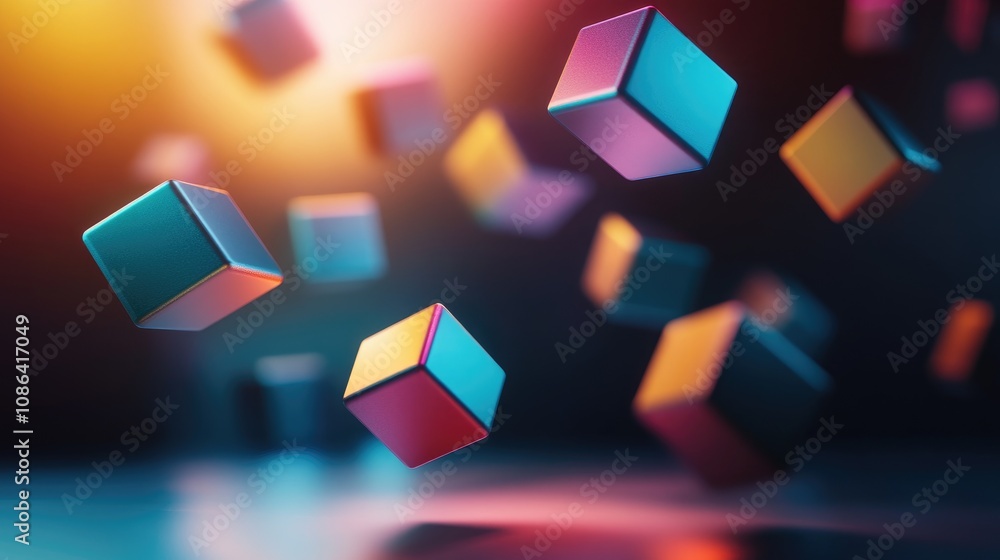 Poster 3d geometric cubes in gradient colors, floating on a dark background for a futuristic and dynamic lo