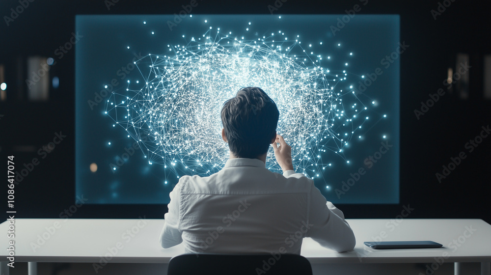 Poster connecting the dots: a businessman sits at his desk, gazing intently at a large screen displaying a 