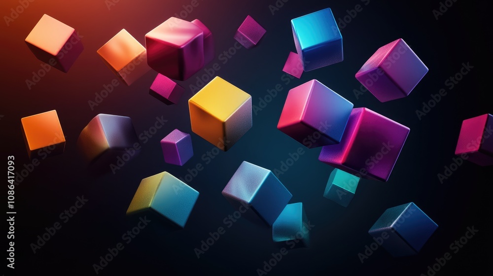 Poster 3d geometric cubes in gradient colors, floating on a dark background for a futuristic and dynamic lo