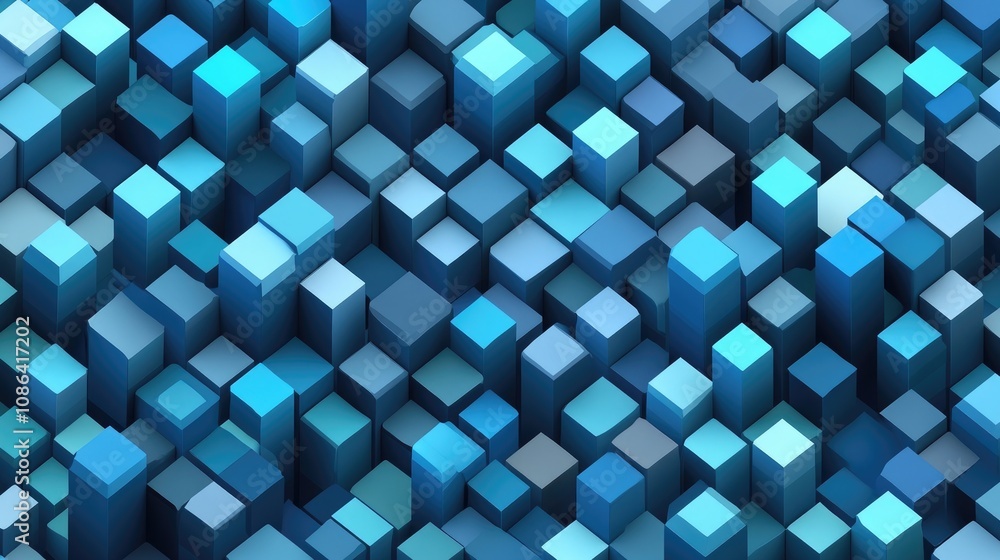 Poster 3d rendered isometric grid of cubes in various shades of blue, creating depth and a sleek abstract f