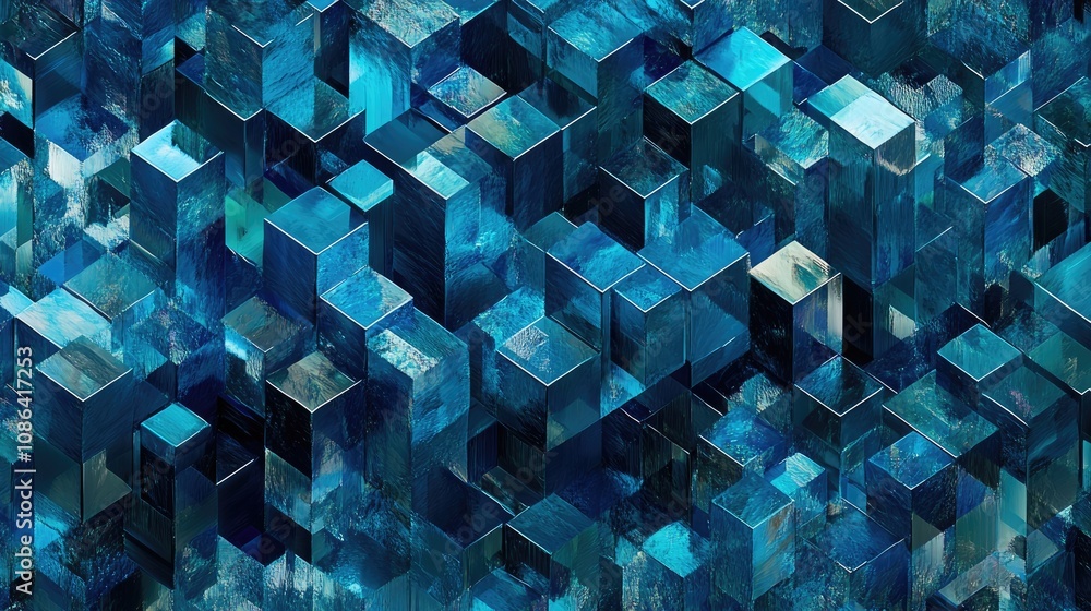 Poster 3d rendered isometric grid of cubes in various shades of blue, creating depth and a sleek abstract f