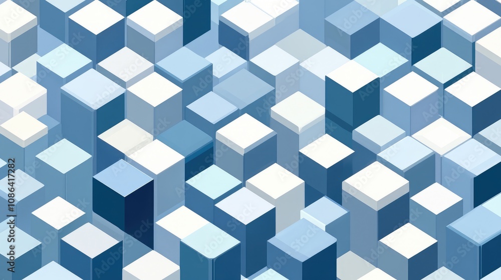 Poster 3d rendered isometric grid of cubes in various shades of blue, creating depth and a sleek abstract f
