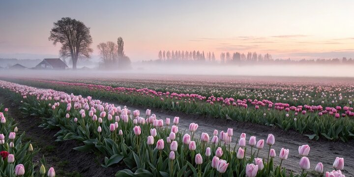 Softly falls evening mist over a field of tulips in pastel hues, colorful, sunset, blooming