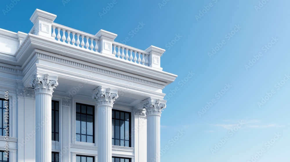 Poster architectural detail of a classical building with columns and blue sky.