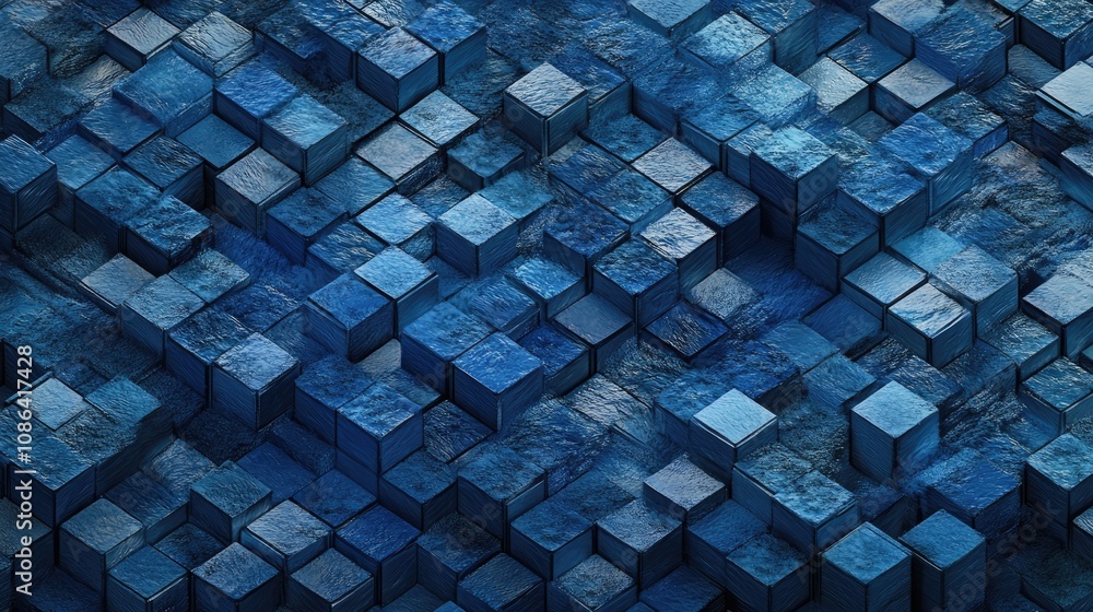 Poster 3d rendered isometric grid of cubes in various shades of blue, creating depth and a sleek abstract f