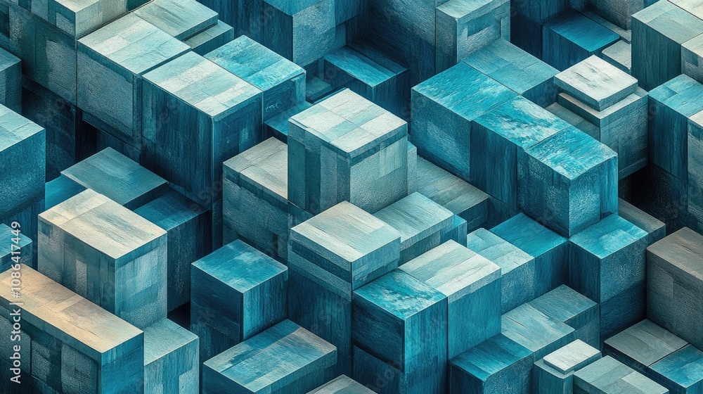 Poster 3d rendered isometric grid of cubes in various shades of blue, creating depth and a sleek abstract f
