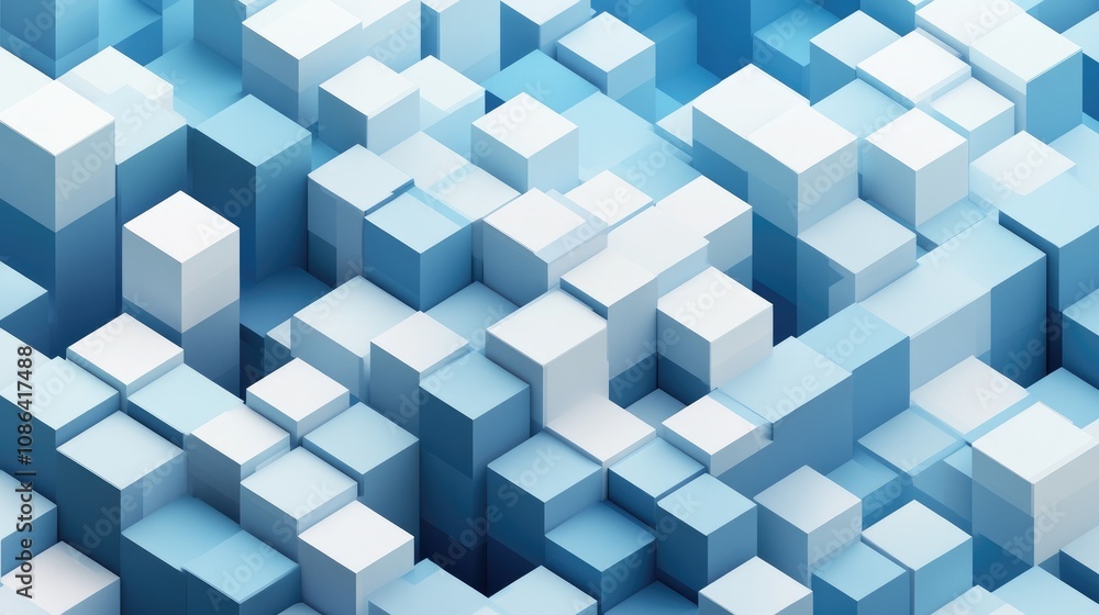 Poster 3d rendered isometric grid of cubes in various shades of blue, creating depth and a sleek abstract f