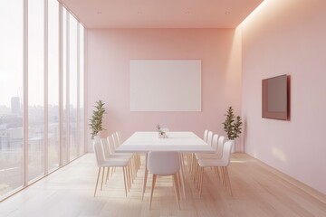 A minimalist pink conference room with a large window, a long table, and white chairs.