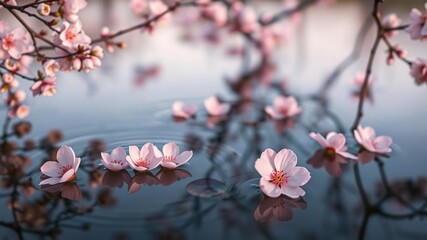 Fototapeta premium Soft pink cherry blossoms gently floating on the surface of a serene pond at dawn, nature, blooming flowers, pastel colors