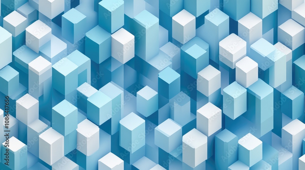 Poster 3d rendered isometric grid of cubes in various shades of blue, creating depth and a sleek abstract f