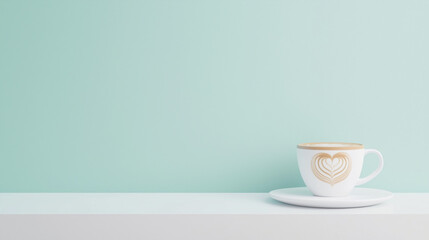 Fototapeta premium Coffee Break Minimalism: A simple, elegant cup of coffee with a delicate heart design sits on a clean white surface against a serene mint green backdrop. 