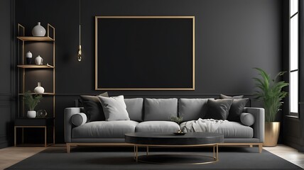 Sofa and frame in the living room with black color walls. Mockup frame in the living room