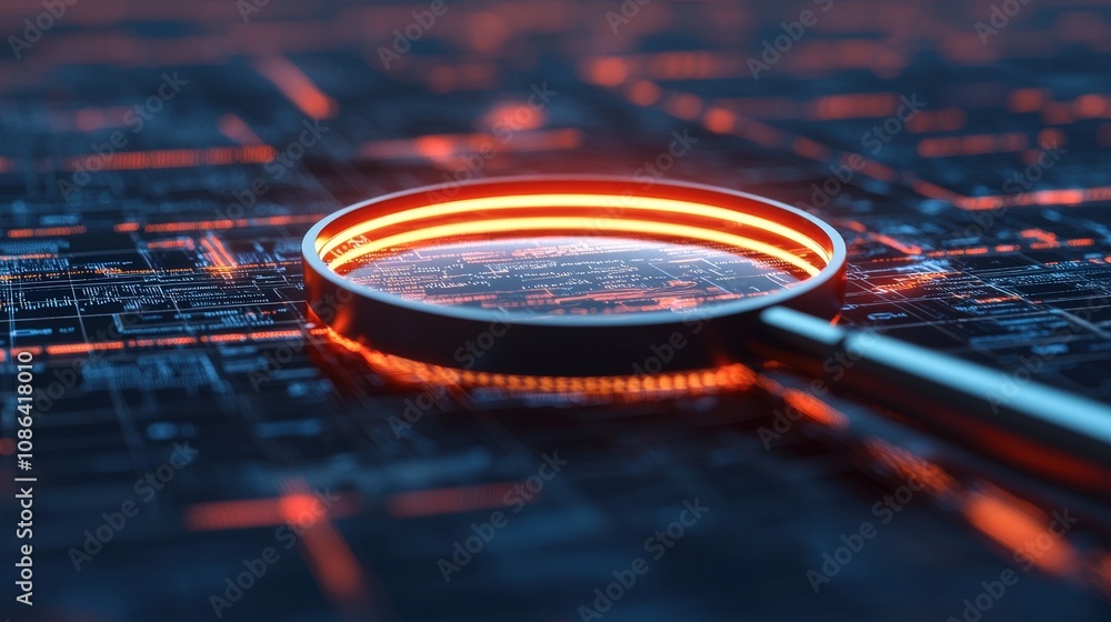 Poster digital data analysis glowing magnifying glass on abstract circuit board