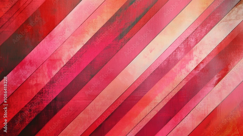 Poster abstract diagonal stripes in gradient shades of red and pink, forming a bold and dynamic geometric p