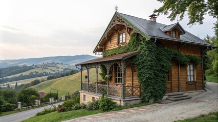 Obraz premium A charming wooden cottage with ivy covered facade and ornate metalwork details, set amidst a serene rolling hillscape, metalwork, rustic charm, ivy covered, natural materials, countryside view