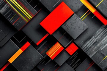 Abstract blocks of black and bright red with bright yellow lines, accented by ash grey and white, arranged in a dynamic, modern layout