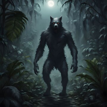 werewolf or dogman in a dark forest at night , spooky urban legend, cryptozoology character, 