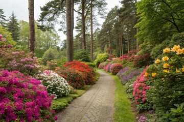 Obraz premium A colorful garden path lined with blooming flowers and surrounded by tall trees and lush greenery, gardening style, garden decorations, park scenery, flower arrangement, pathway