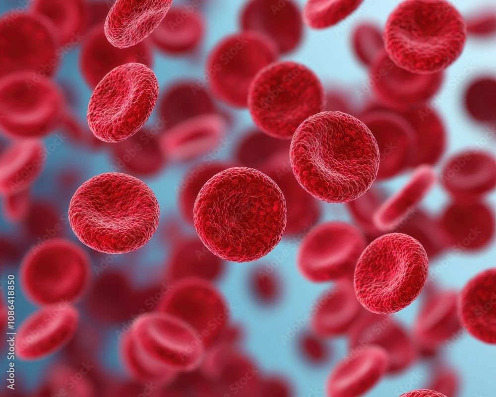 Poster a microscopic view of numerous red blood cells floating in a fluid medium, showcasing their vibrant 