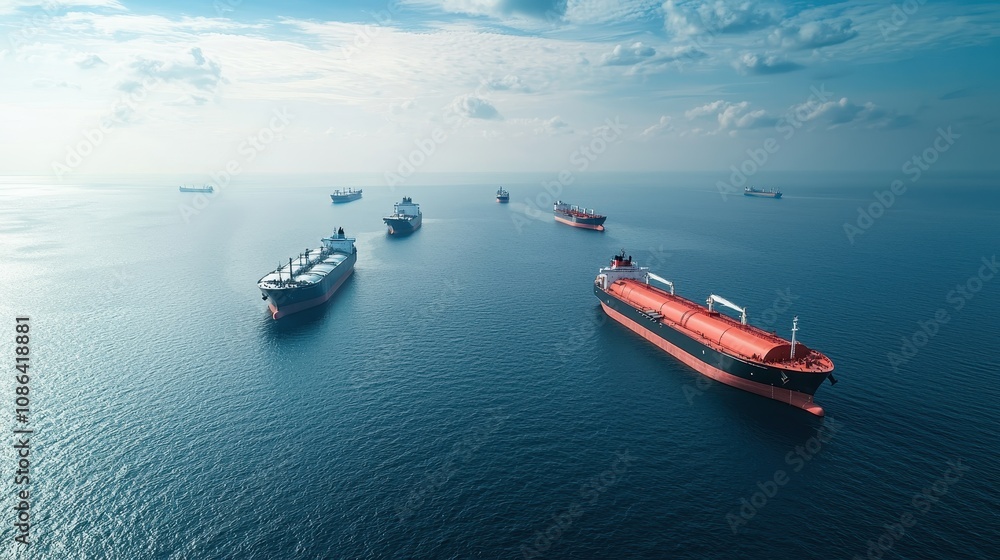 Poster aerial view of multiple cargo ships navigating through calm waters under a cloudy sky, showcasing ma