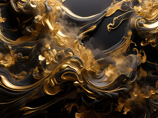 Luxurious golden smoke swirling and glowing on a pitch-black background. The smoke should look ethereal and vibrant, with shimmering, metallic gold highlights that reflect light and create a sense