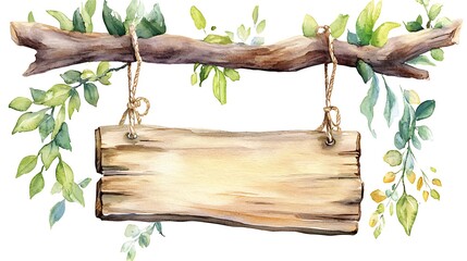 Watercolor Wooden Sign Hanging From Branch