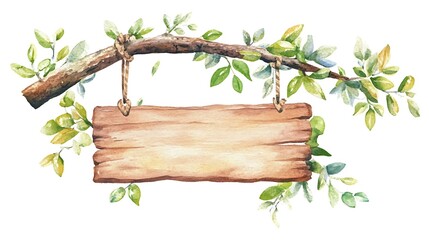 Watercolor Wooden Sign Hanging From Branch