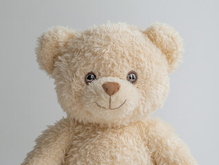 A plush teddy bear, isolated on a pastel-colored backdrop, highlighting its soft fur and expressive eyes isolated on white background