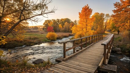 Warm golden light illuminates a wooden bridge crossing a babbling brook in autumn, forest floor, woodland ambiance, serene riverbank, cozy cabin