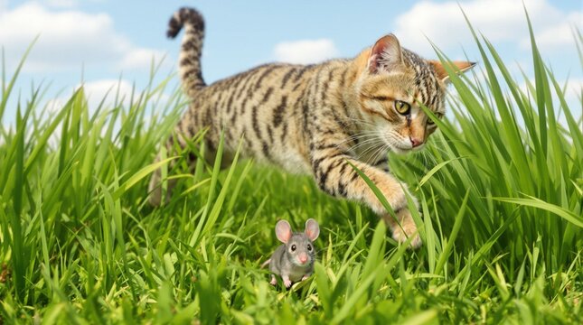 Tabby cat stalking a gray mouse in a sunny grassy meadow under a blue sky, portraying a classic predator-prey moment.
