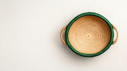 A round woven basket with a green rim and handles, set against a light background, showcasing intricate craftsmanship.