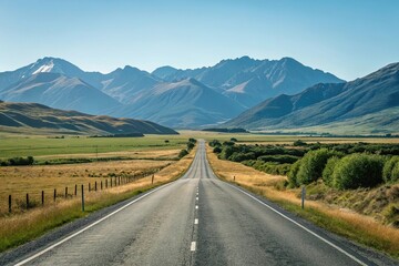 Naklejka premium A scenic drive on a straight asphalt road through a vast open landscape with rolling hills and towering mountains visible beyond the horizon, isolation, vastness, wide open spaces, emptiness