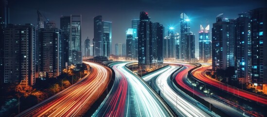 Fototapeta premium A vibrant cityscape at night with illuminated skyscrapers and flowing traffic.