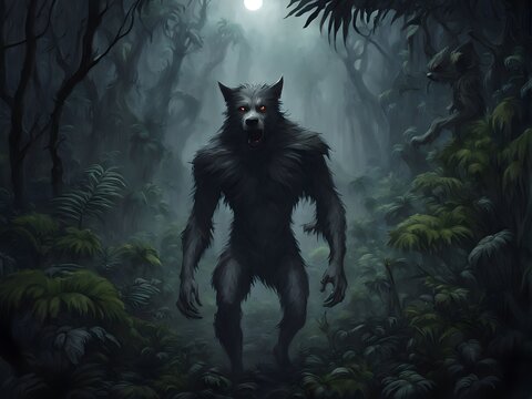werewolf or dogman in a dark forest at night , spooky urban legend, cryptozoology character, 